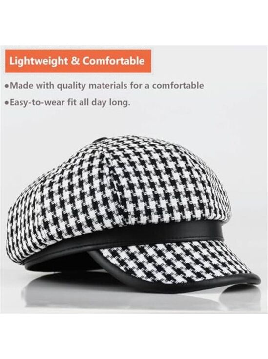 Black and White Houndstooth Baker Boy Hat Cap with Faux Leather Brim main image 4